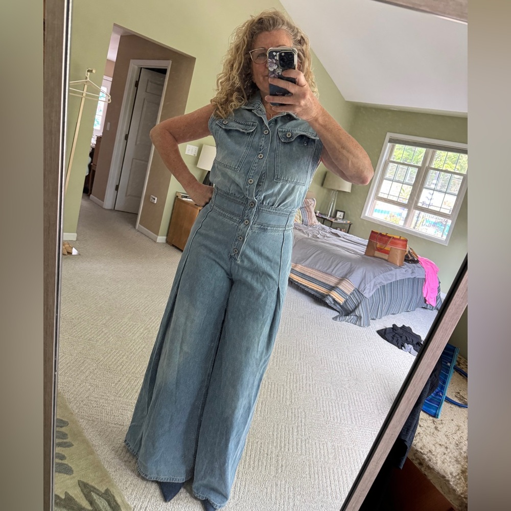 Vervet denim button down sleeveless ultra wide leg jumpsuit (flaw) large - Picture 3 of 11